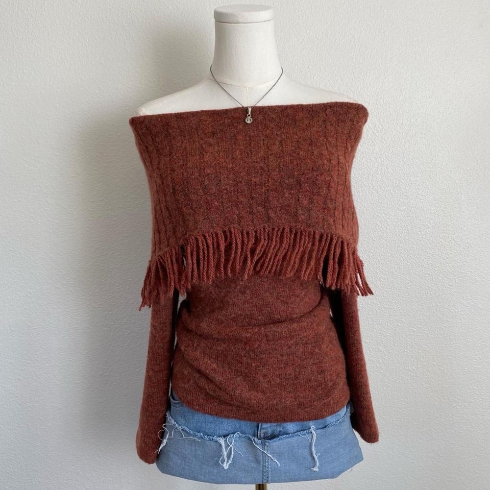 Fenn Wright Manson Wool Orange Brown Fringe Off The Shoulder Knit Sweater